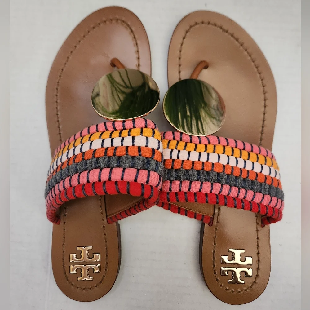 Tory Burch Patos Red Gold Disk Sz 5.5M Women's Multicolor Sandals Slippers Flats